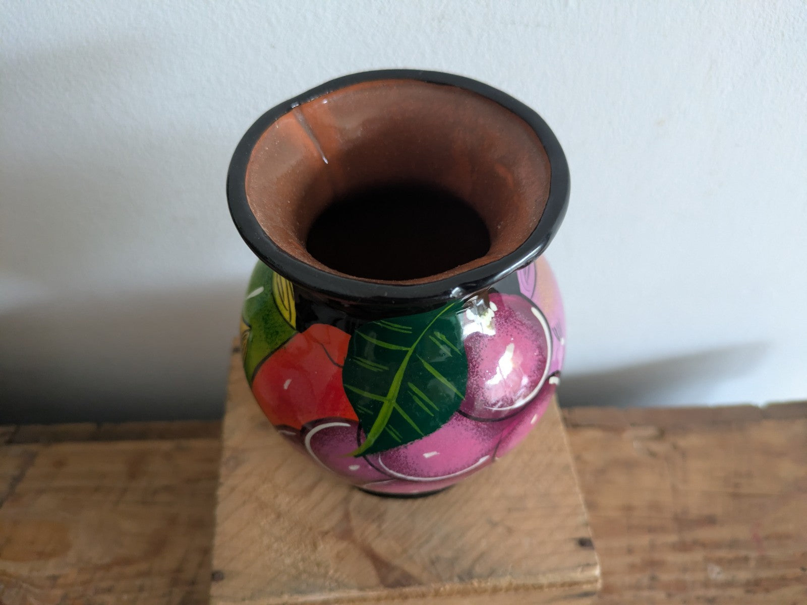 Vtg Talavera Pottery Vase Mexican Folk Art Hand Painted Glazed Terracotta Fruit