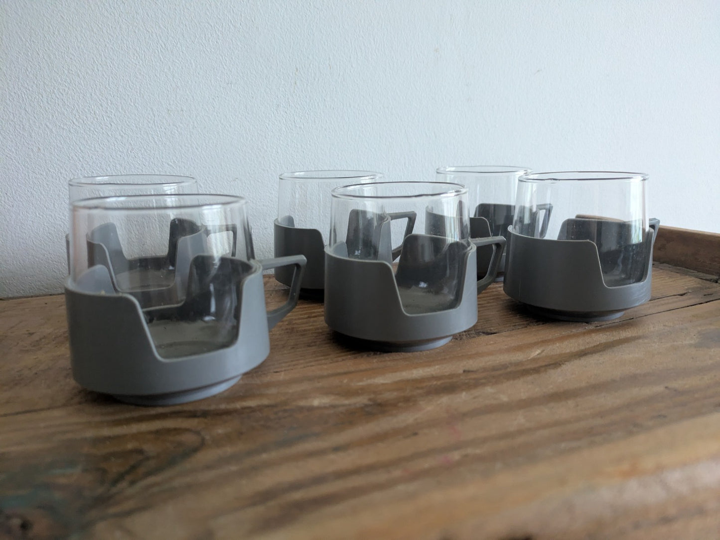 6 Grey Drink Mugs Cups Vintage JAJ Pyrex Camping Caravan Camper Picnic Set Retro
