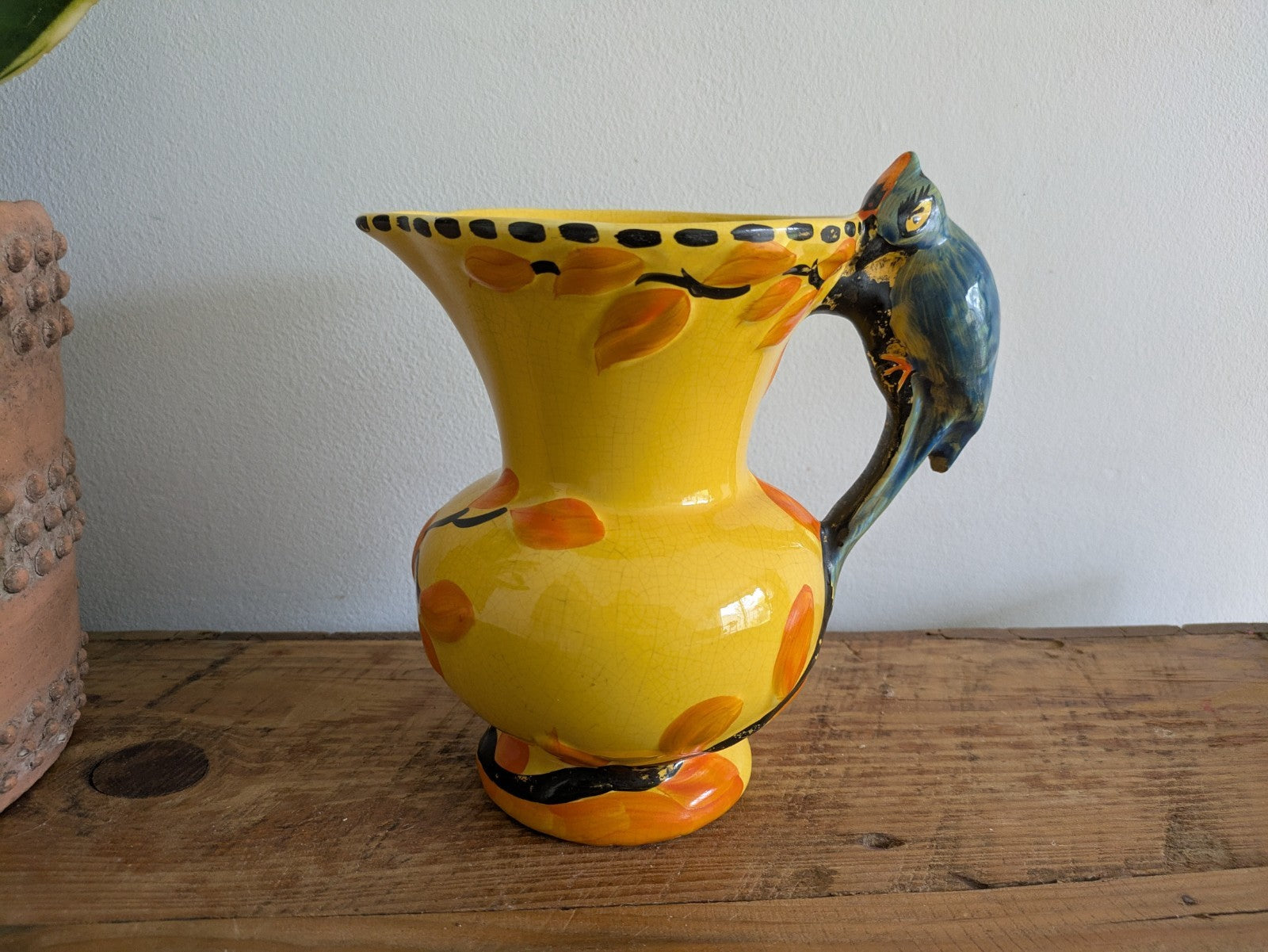 Art Deco Wade Heath Yellow Pitcher with Blue Parrot Bird Handle c 1934 Jug Vase