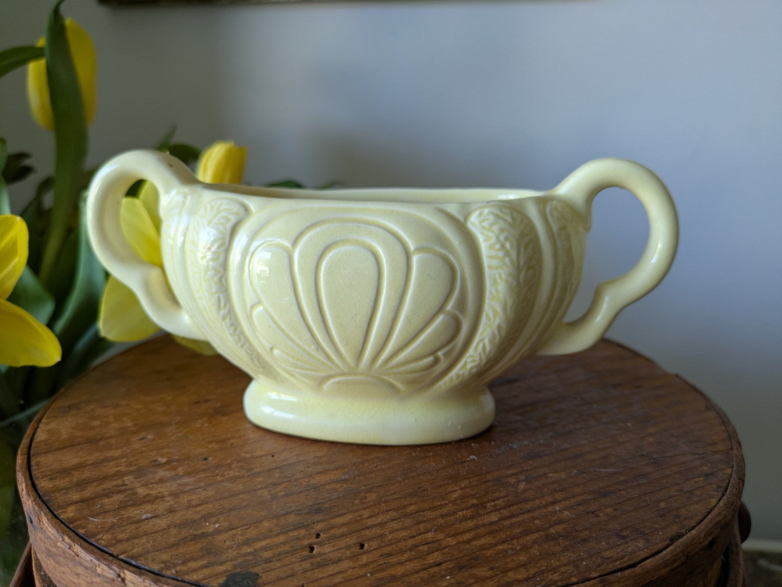 Vintage England PPC Pottery Art Deco Trophy Mantle Vase Mini Small Yellow Plant
