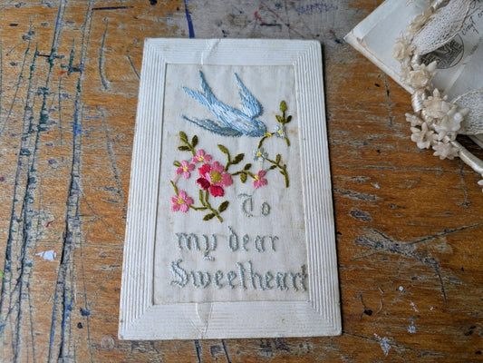 WWI, Bird To My Dear Sweetheart - Embroidered Silk Greetings Postcard Vintage 