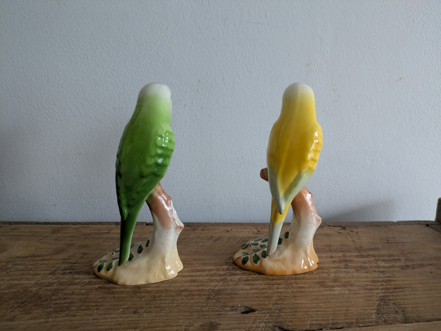 2x Rare Green Yellow Budgie Mid Century Kitsch Retro Ceramic Figurine Ornament