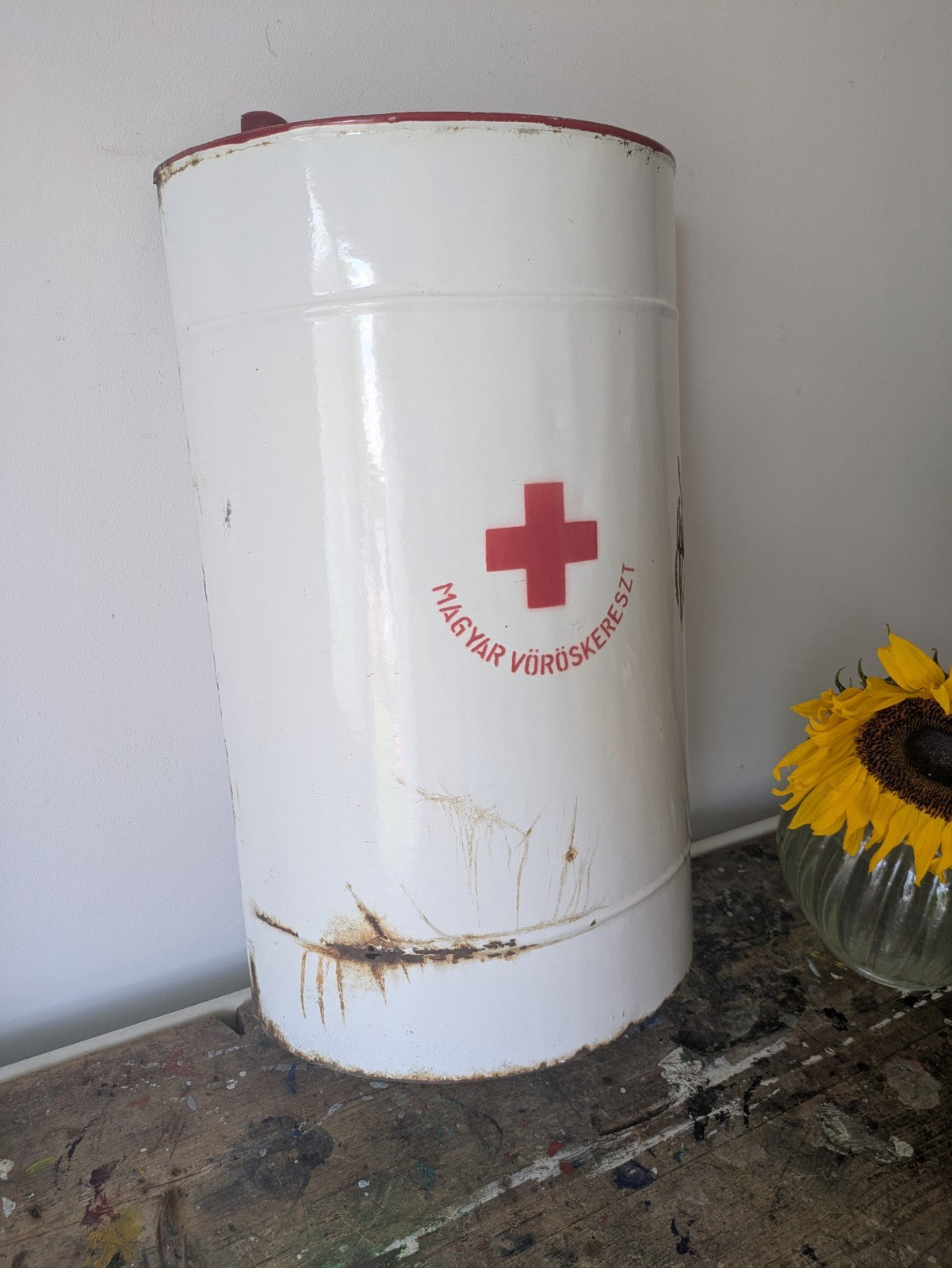 Vintage Iron Enamel Medicine Container Collectible Disinfectant Prop Bathroom