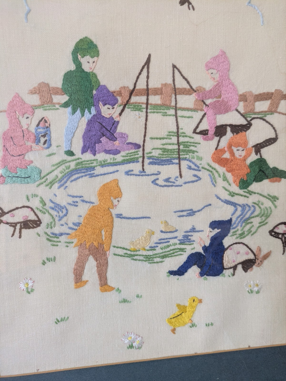Vintage Hand Embroidery Oak Framed Picture Pixie Fishing Nursery Kitsch Retro!!