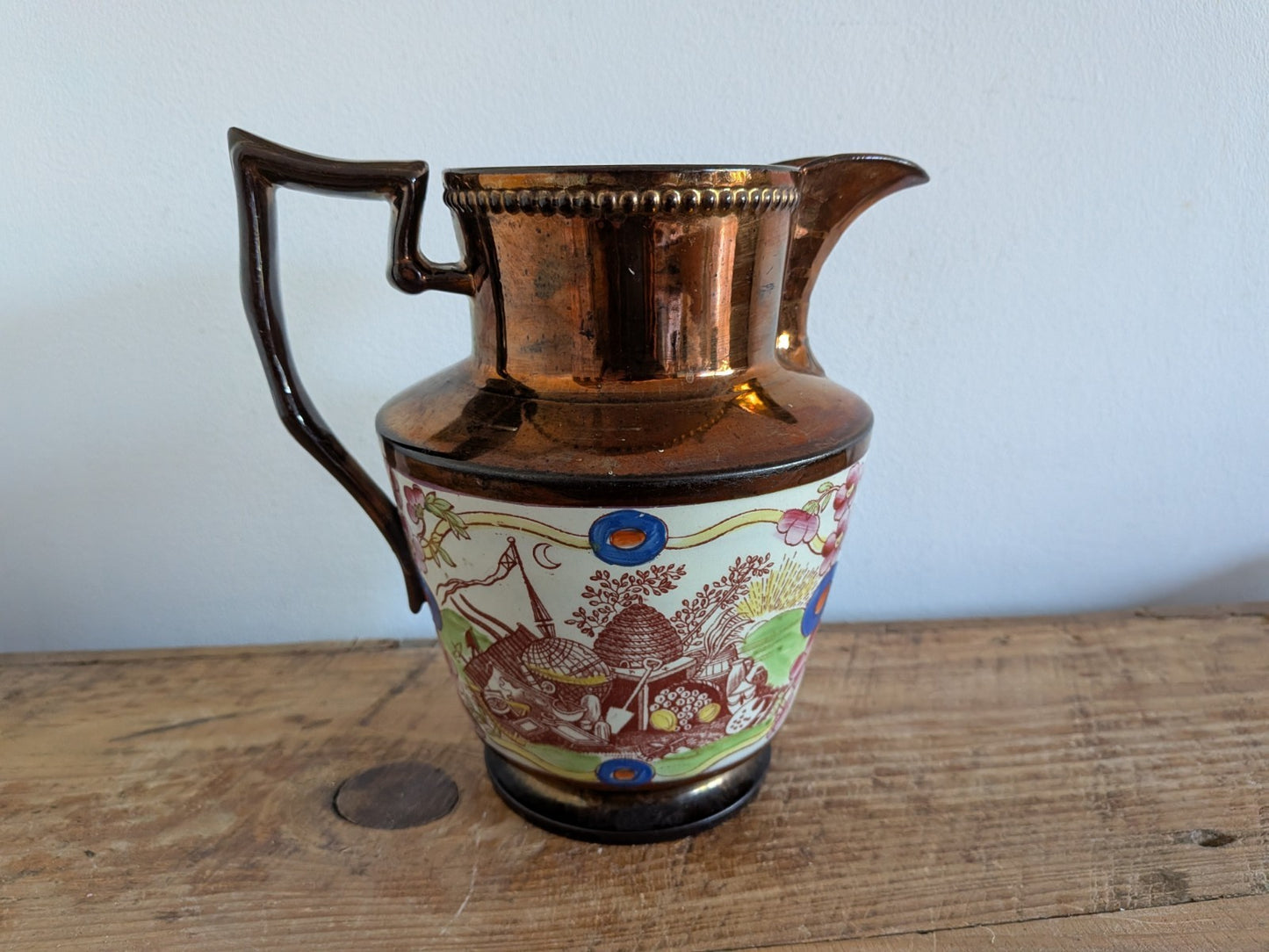 Antique Pottery Pearlware Transfer Copper Lustre Jug 1825 Vintage Large English 
