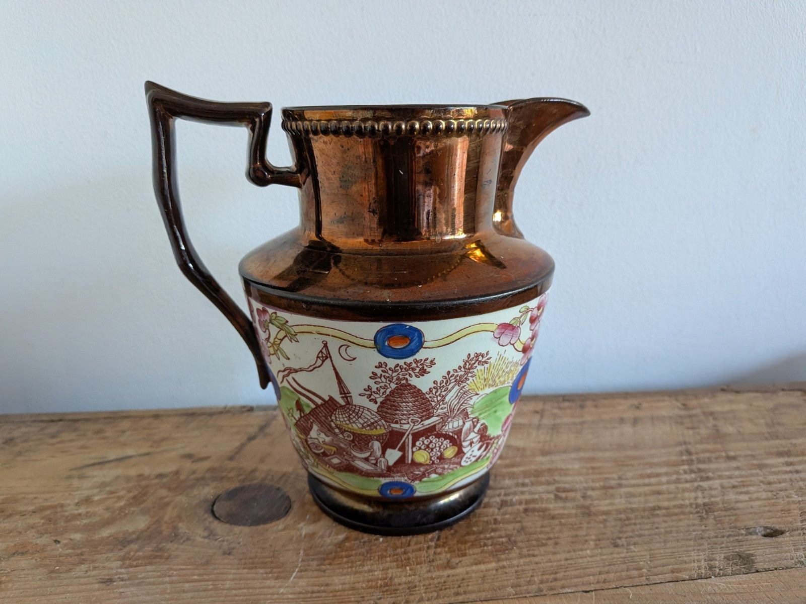 Antique Pottery Pearlware Transfer Copper Lustre Jug 1825 Vintage Large English 