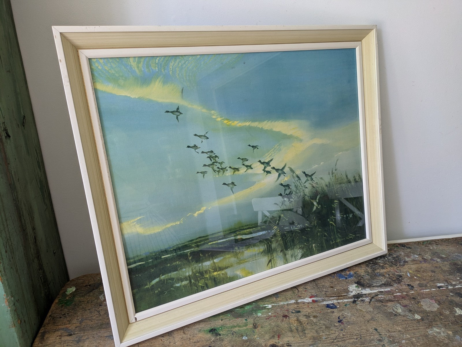Vintage 1960s Print of Ducks Birds Flight Painting Vernon Ward Retro Seascape 