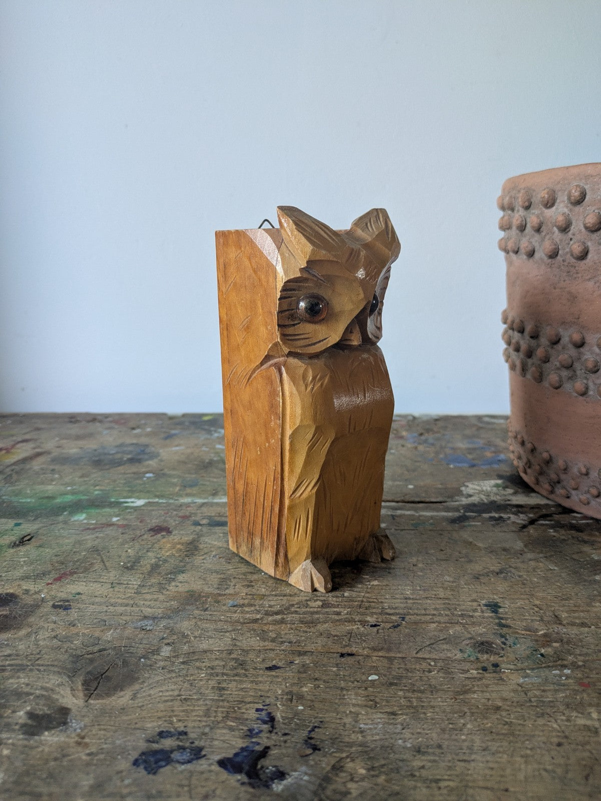 Vintage Black Forest Carved Owl Holder Sconce Mid Century Wooden Candle Brush Vg