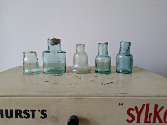 5x Antique Vintage Glass Bottles vase flower original apothecary ink old Teal