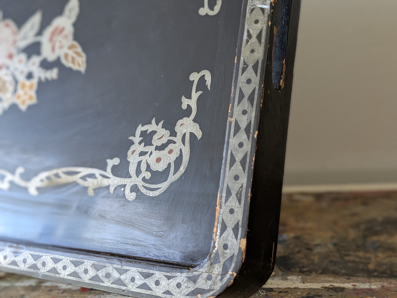 Vintage Chinese Lacquered Serving Tray c. 1950 Painted Floral Black Stencil Atq