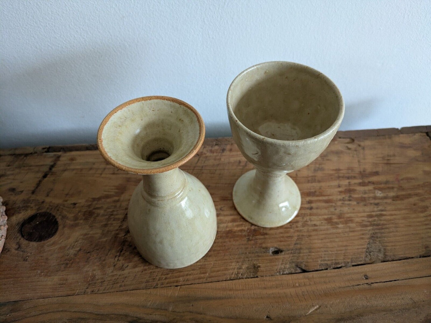 2x Vintage England Speckled Pottery Goblet Cup Mid Century Pair Set Wine Vessels