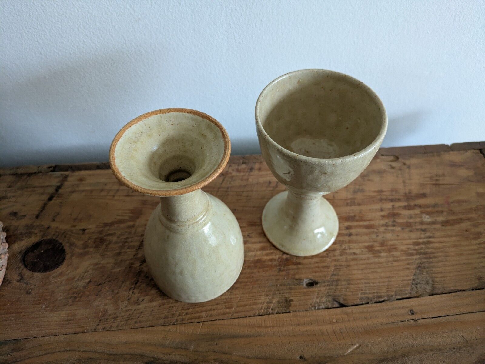 2x Vintage England Speckled Pottery Goblet Cup Mid Century Pair Set Wine Vessels