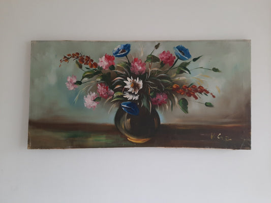OLD ANTIQUE LANDSCAPE PAINTING OIL ON CANVAS BOUQUET FRENCH VINTAGE Shabby Chic 