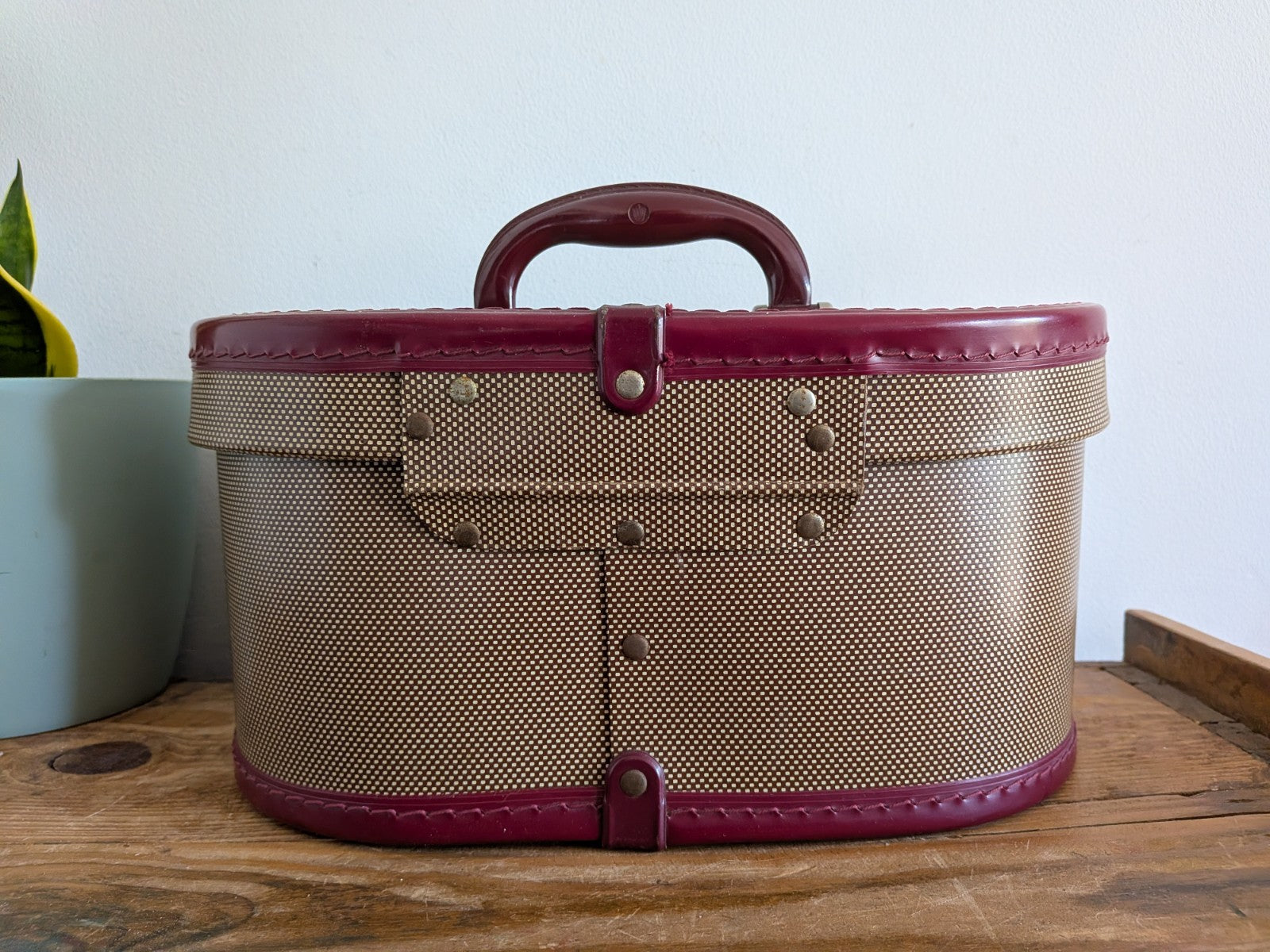 Vintage Cheney Vanity Case Child's Suitcase Luggage Prop Maroon Two-tone TV Film