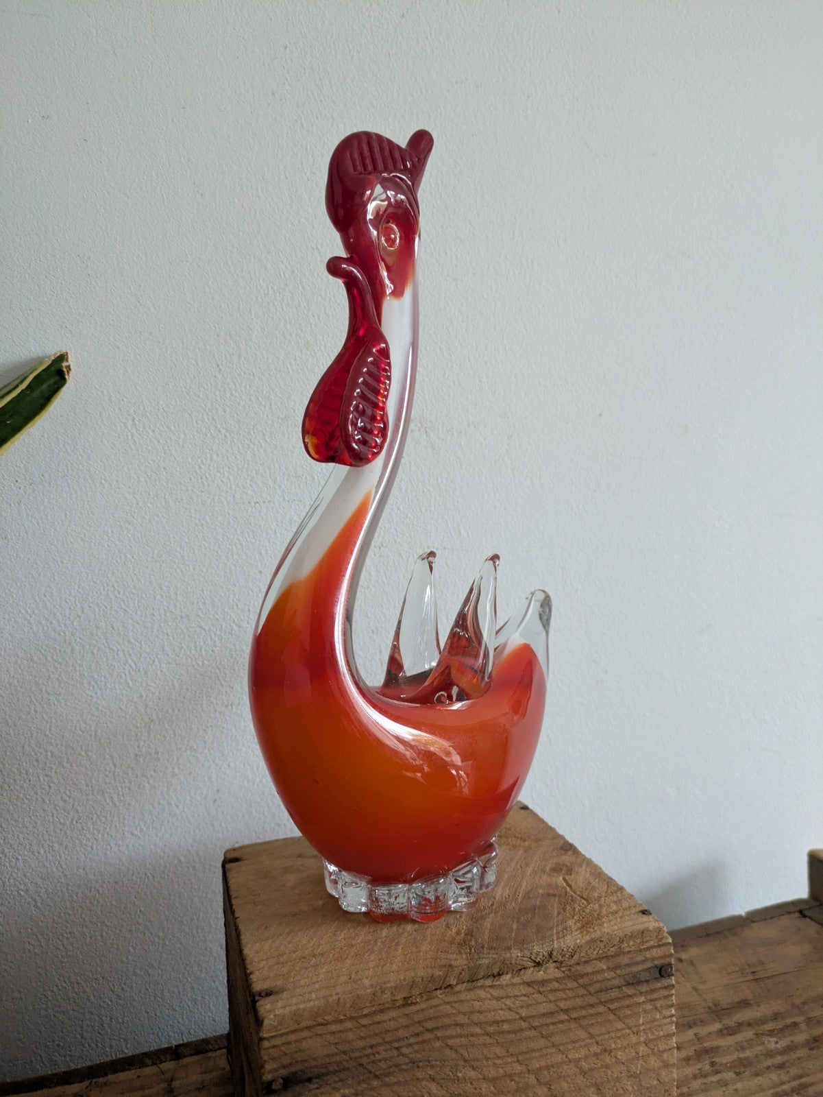 Murano Sommerso Art Glass Figure Red White Rooster Chicken Hen Bird Figure MCM