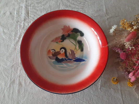 Vintage Retro 50s Chinese Enamel Tin Bowl Bird Floral Goldfish Brand Mark Rare
