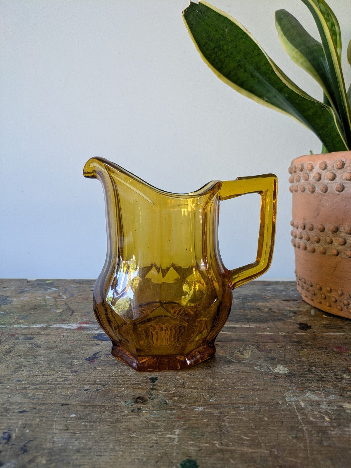 Vintage Amber Pressed Glass Water Jug Pitcher Chunky Art Deco Pitcher Vase Retro