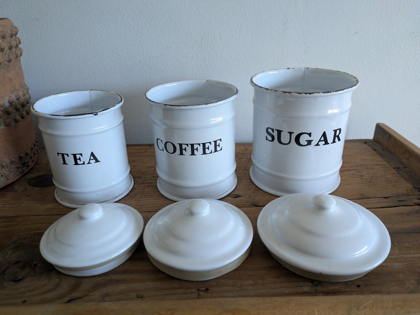 Vintage White Enamel Canisters Set Metal Tins Jars Antique Vgc Shabby Chic Clean