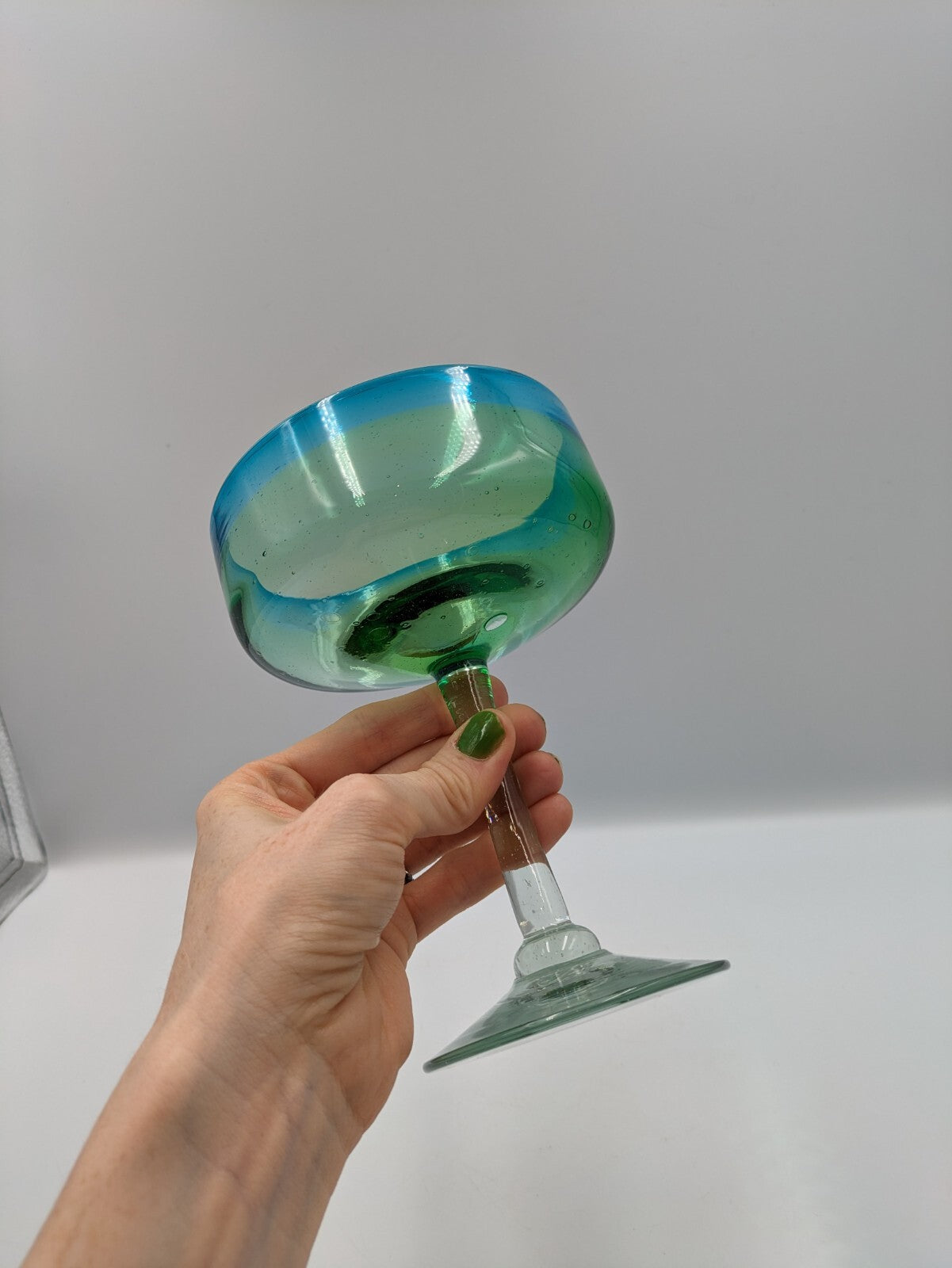 Vtg Hand Blown Aqua Blue and Green Margarita Glasses Two Toned Glass Bubbles Vgc