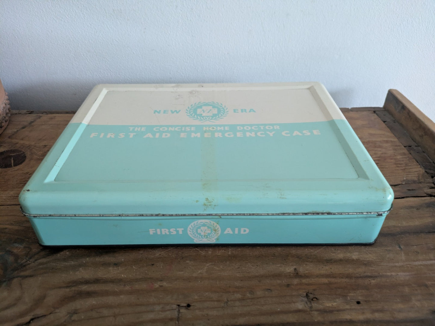 Vintage New Era First Aid Tin Metal Box Storage Prop Medical Retro Bathroom Old