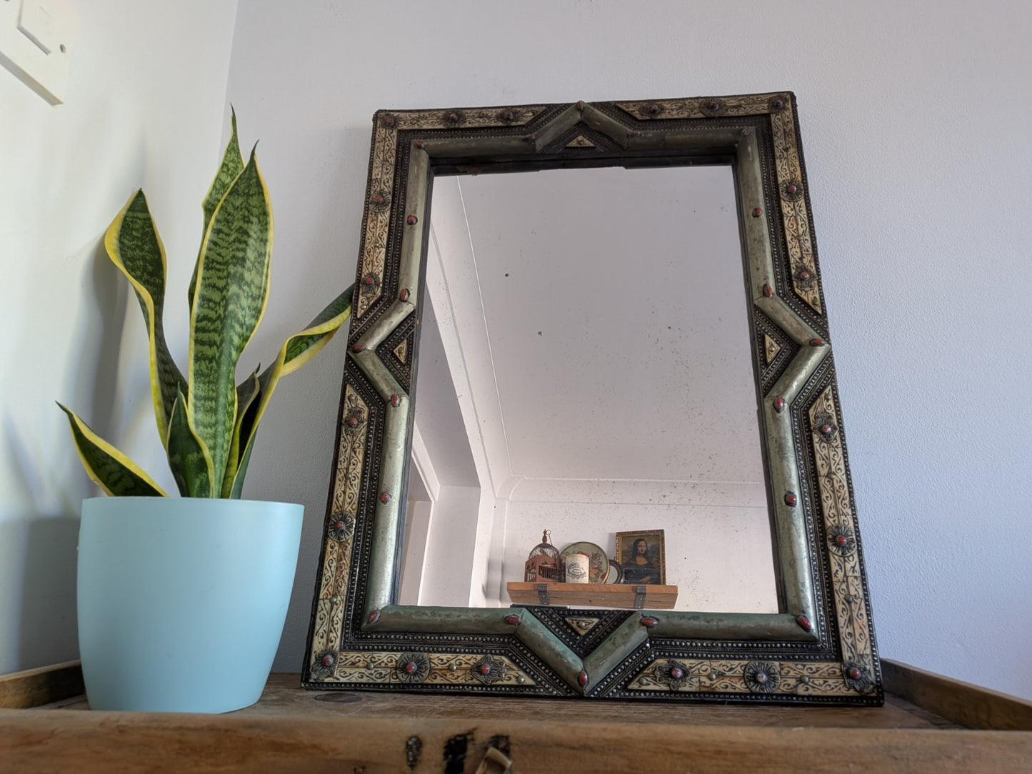 Vintage Ancient Handmade Moroccan Wall Mirror Brass Bone Camel Inlaid Mosaic XL 