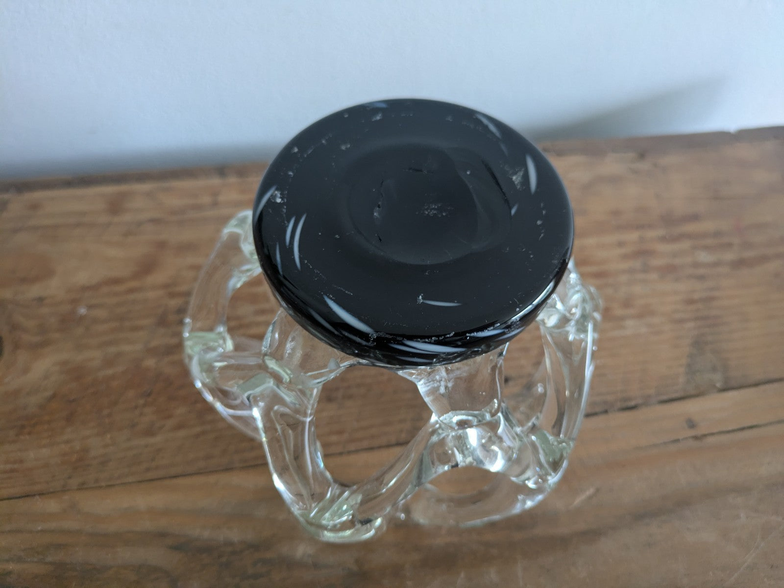Vintage Murano Style Lattice Webbed Vase Glass Black Clear Centrepiece Bowl Vgc