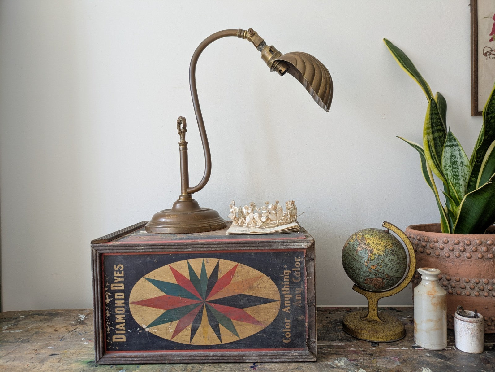 VINTAGE 1920s 30s ANTIQUE ART DECO BRASS SWAN NECK SHELL CLAM DESK LAMP WORKING!