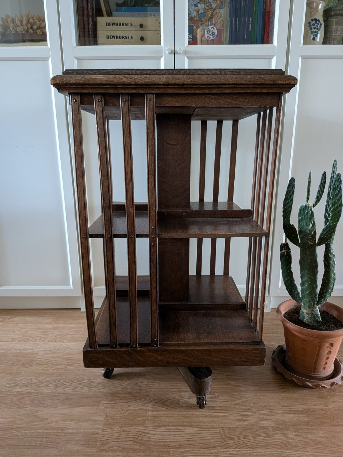 Antique Edwardian English Oak Revolving Bookcase Rare Vintage Shelves Spinning 