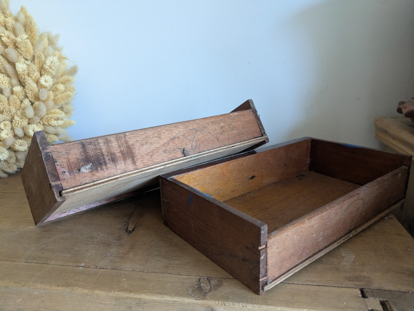 2x Vintage Wooden Engineering Boxes Drawers Apothecary Craft Display Tray Antiqu