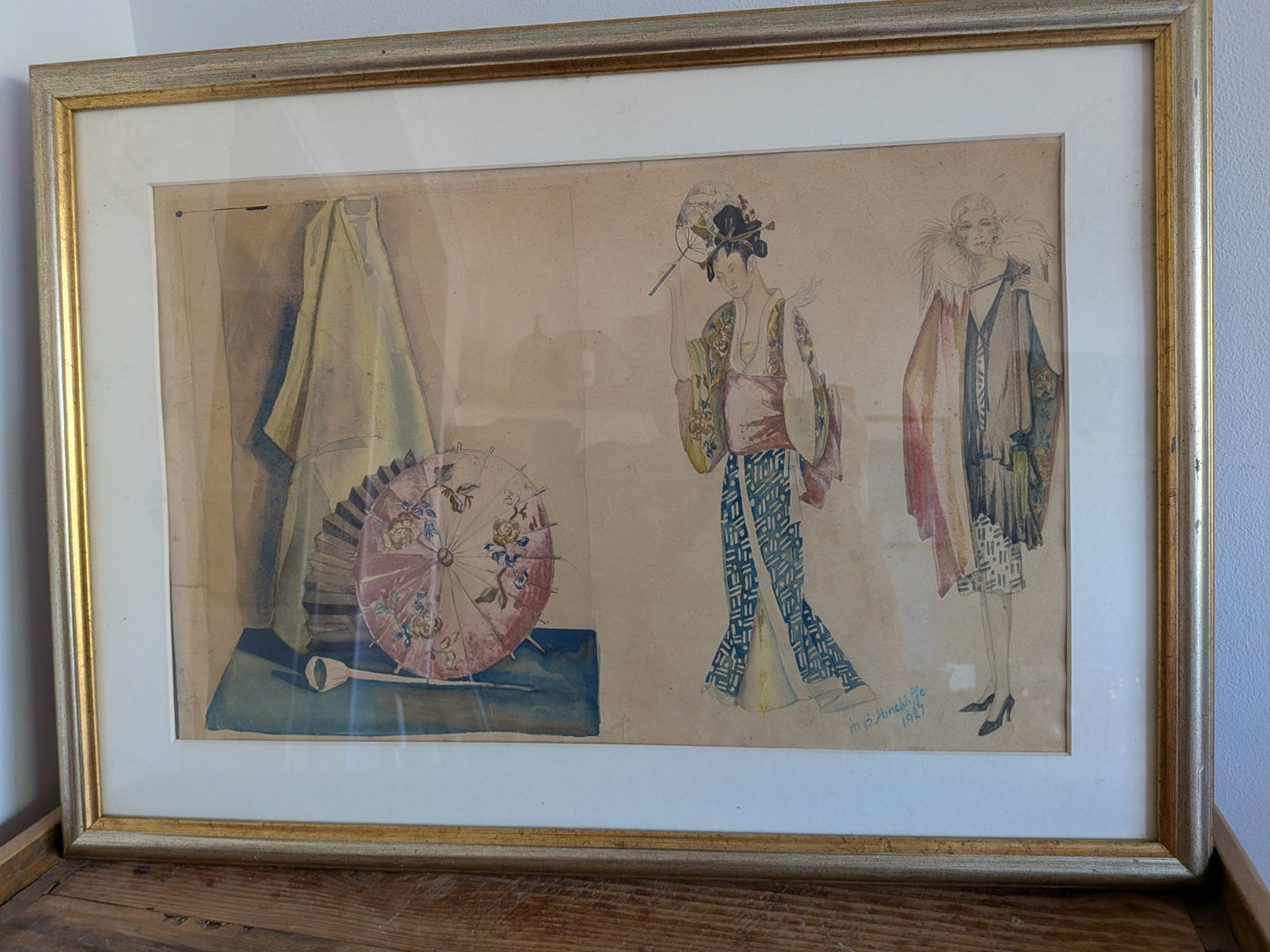 Original Fashion Design Drawing Painting 1920's Signed Hinchliffe Oriental Asian