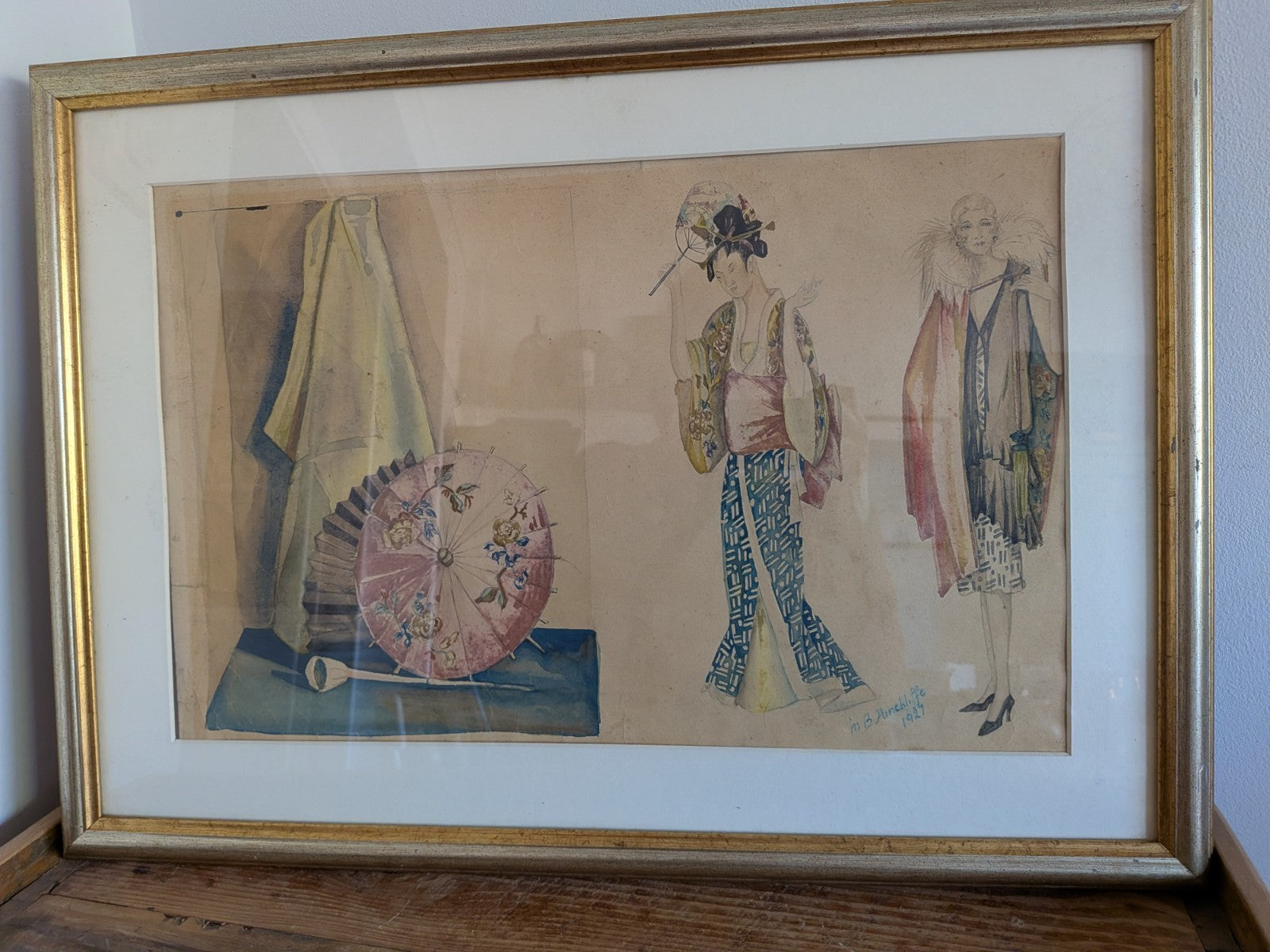 Original Fashion Design Drawing Painting 1920's Signed Hinchliffe Oriental Asian
