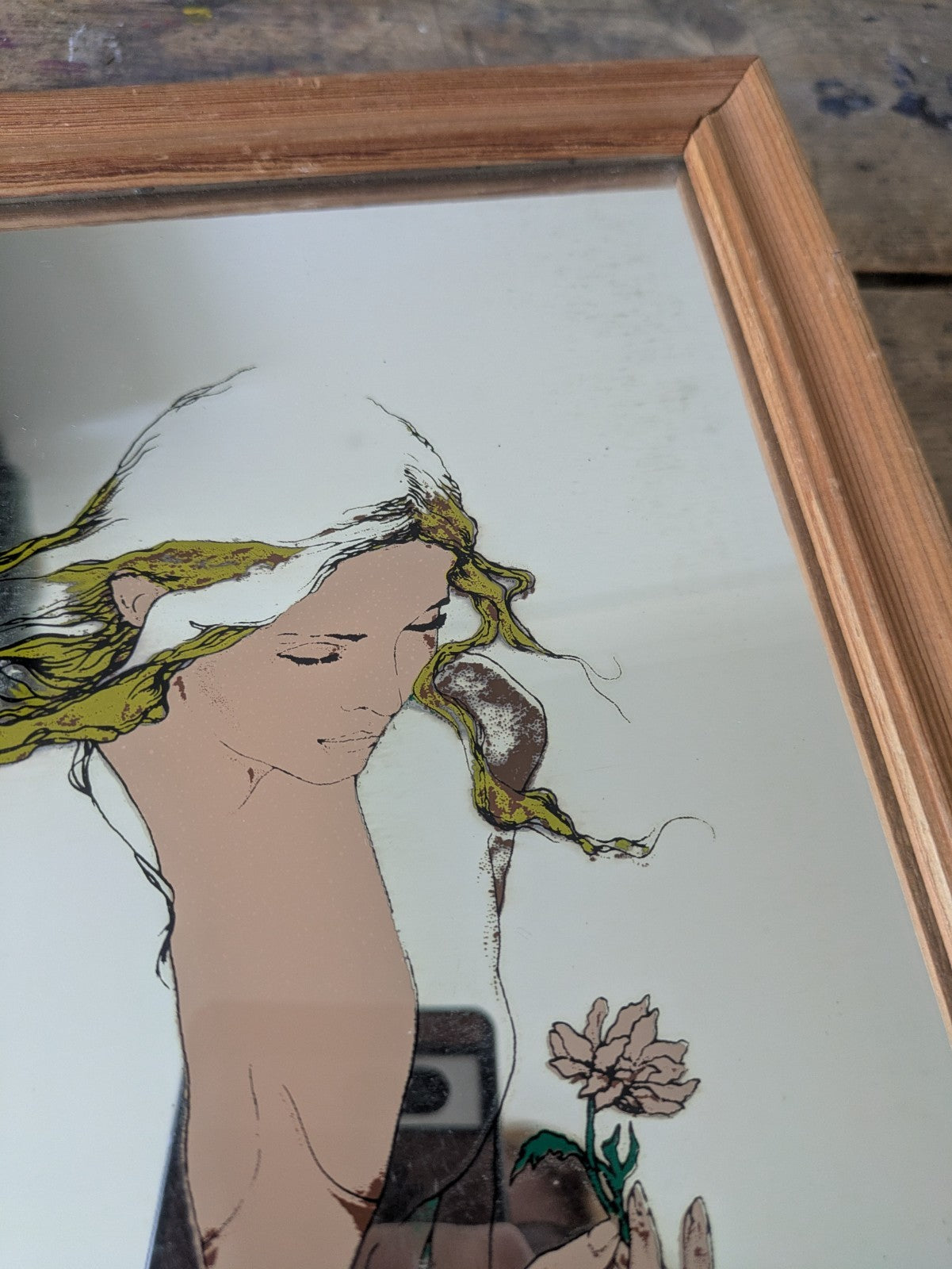 70s Art Mirror Vintage Susan Obrant She Loves Me Art Nouveau Style Retro Rare