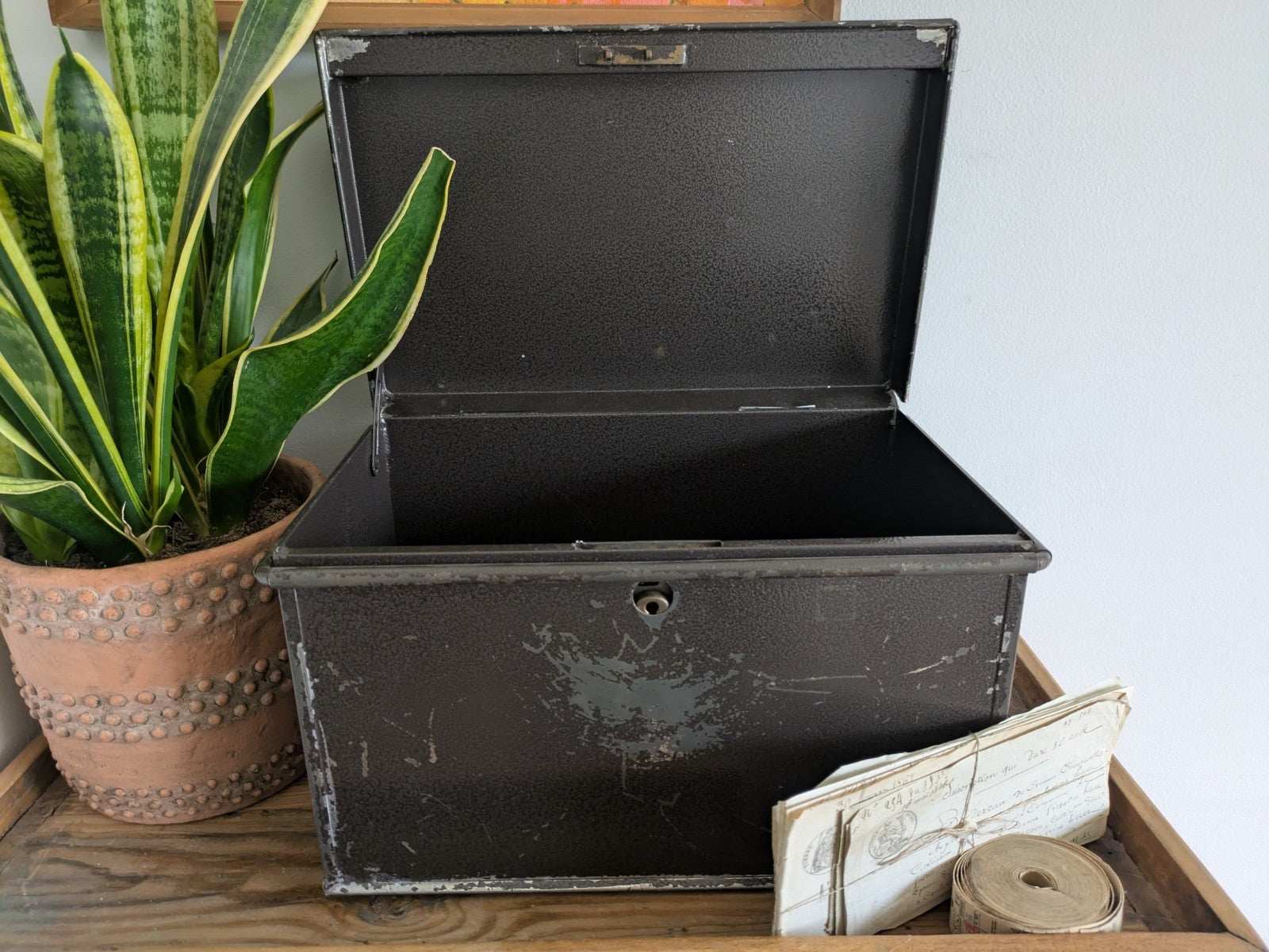 Vintage Metal Box Document Deed BOX  Grey Latch Hinged Lid Large Cash Tin File