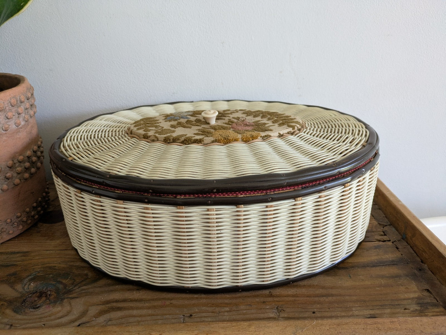 1940s Retro Vintage Rattan Sewing Box Basket Oval With Contents Full Prop Wicker