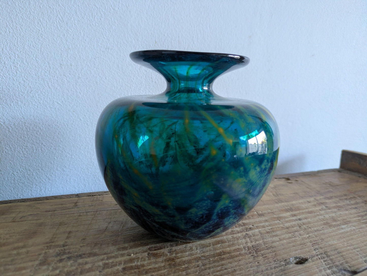 SIGNED Mdina 'Roman' Maltese Blue & Yellow Glass Squat VaseChevron 1970s VTG 
