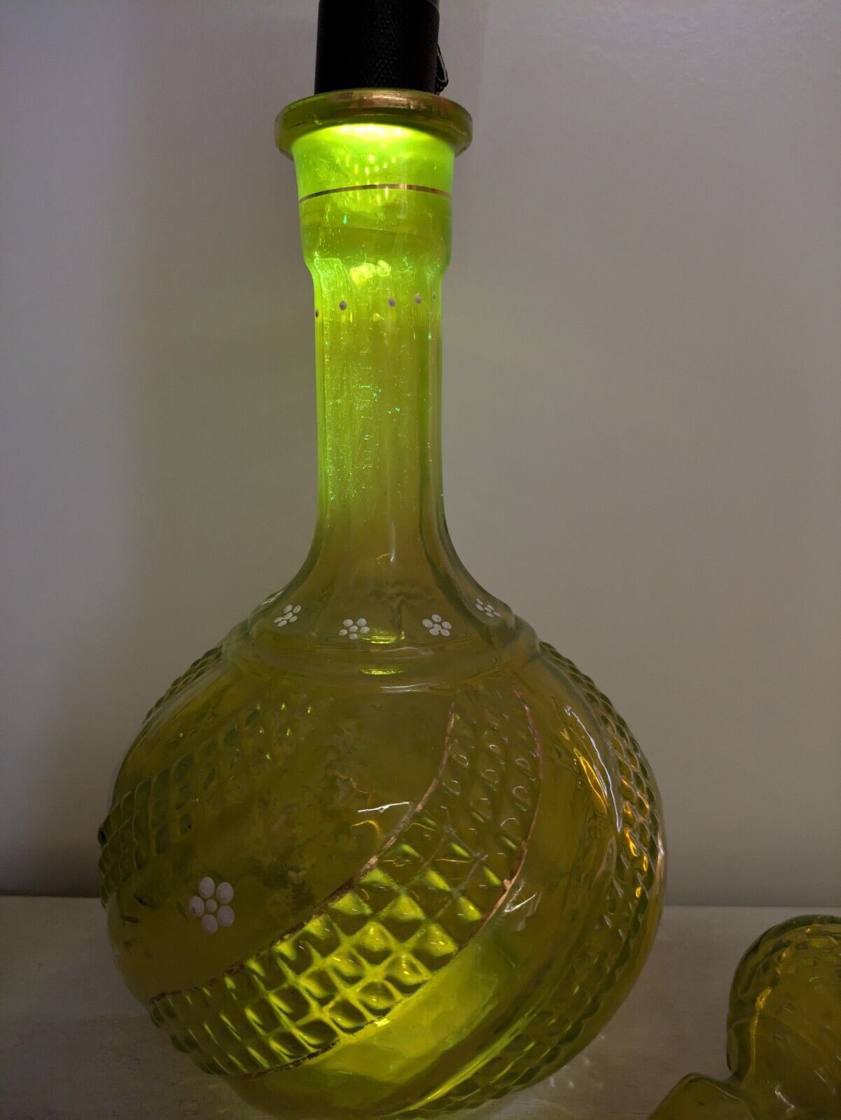 Vintage Yellow Vaseline 1920s 30s Glass Decanter Hand Painted Gold Rare Stopper