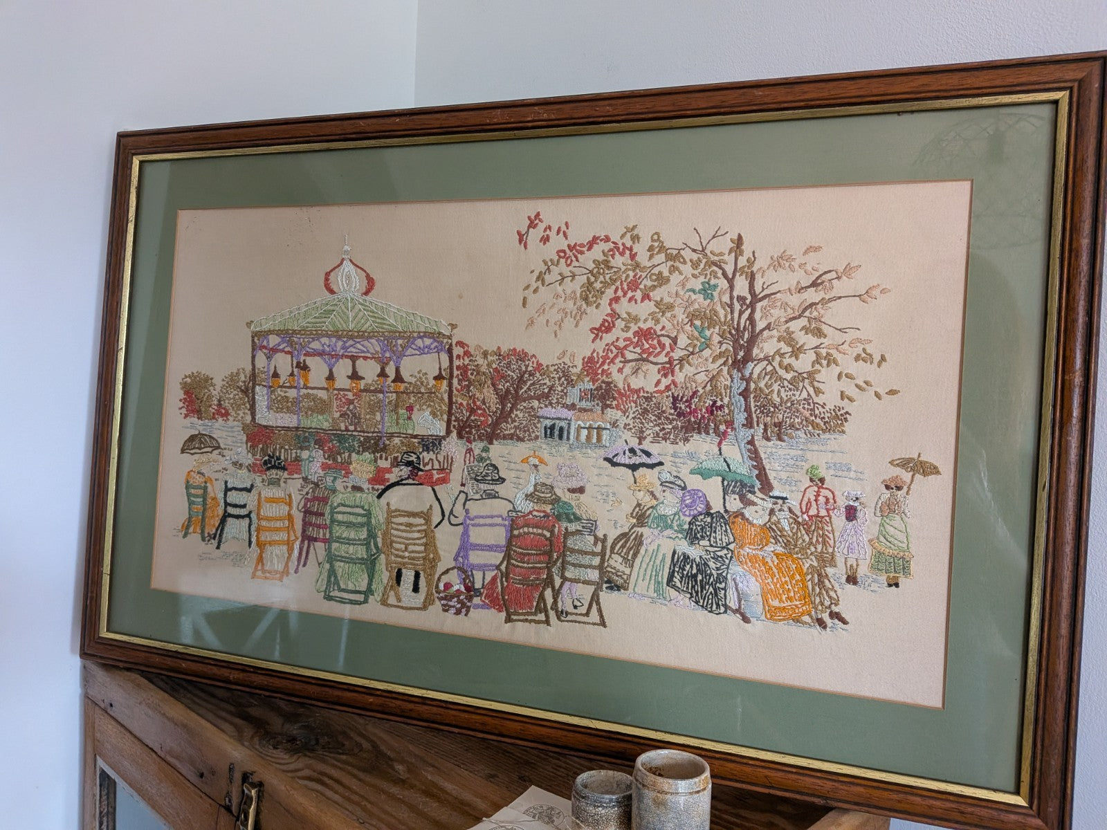 Vintage Cross Stitch Victorian Band Stand Play Framed Embroidery Crewel Large