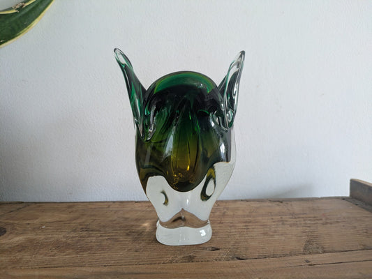 LARGE HEAVY GREEN & YELLOW CZECH CHRIBSKA FREEFORM ART GLASS VASE JOSEF HOSPODKA