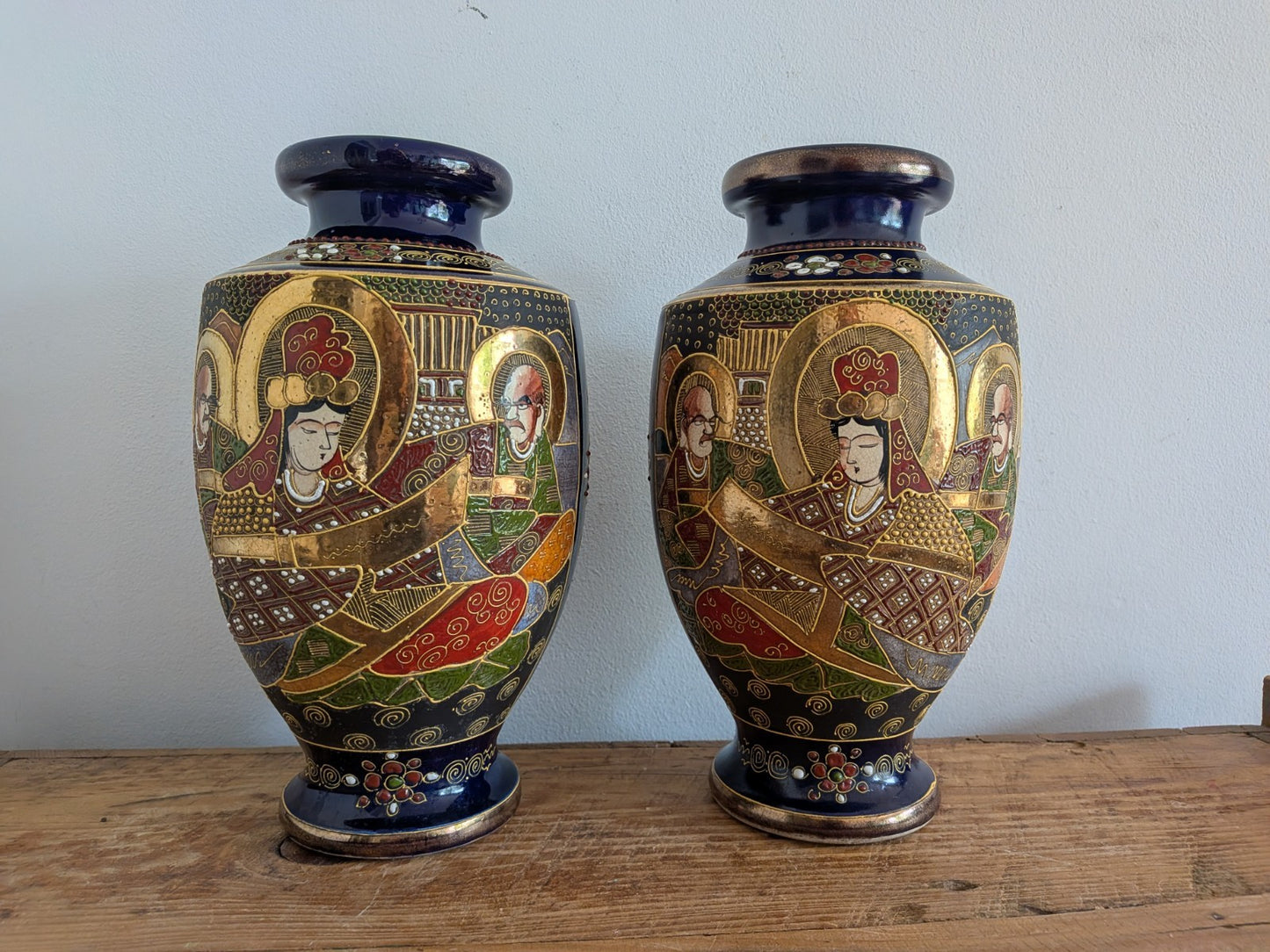 Pair Antique Early 1900s Satsuma Moriage Oriental Vase / Made in Japan Blue Vgc