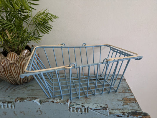 Vntage Pastel Sky Blue Wire Shopping Basket MCM Swing Handle Metal Farmers Retro