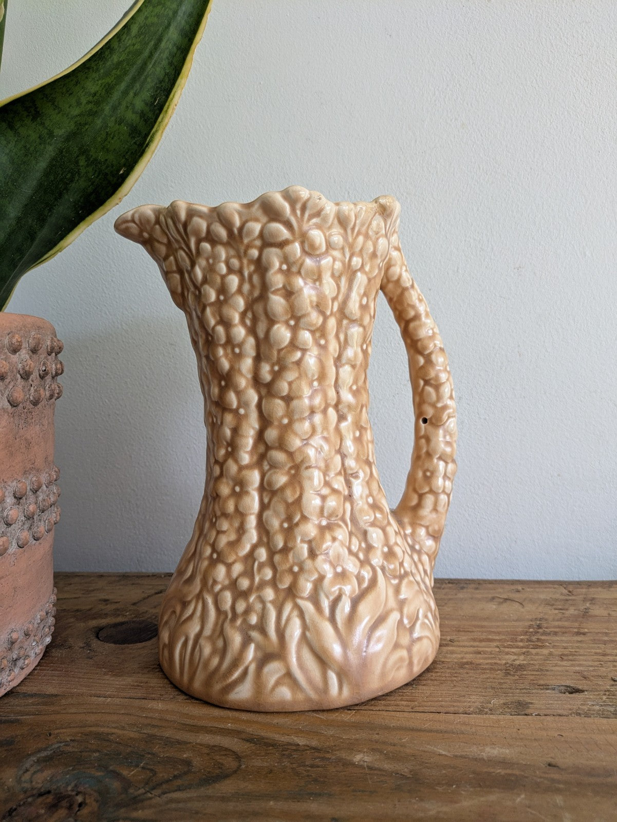 Vintage Sylvac Hollyhock Jug No. 1962 Large Satin Beige Floral Pitcher Vase Old