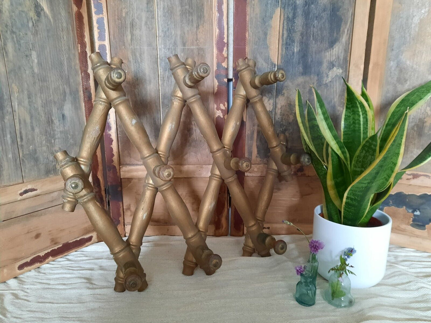 Vintage Wooden Folding Wall Hooks coat Rack Faux bamboo boho French Antique old