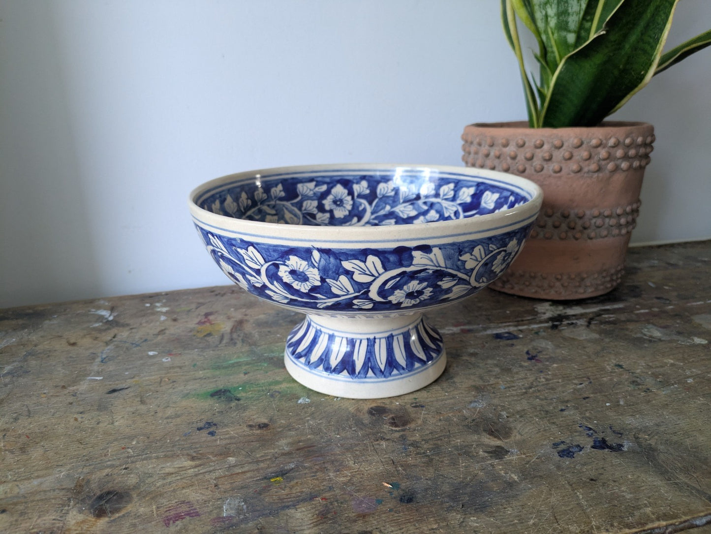 Asian Blue and White Ceramic Fruit Bowl Serving Dish Footed Raised Pedestal Vtg