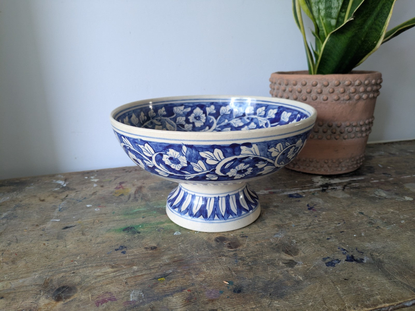 Asian Blue and White Ceramic Fruit Bowl Serving Dish Footed Raised Pedestal Vtg
