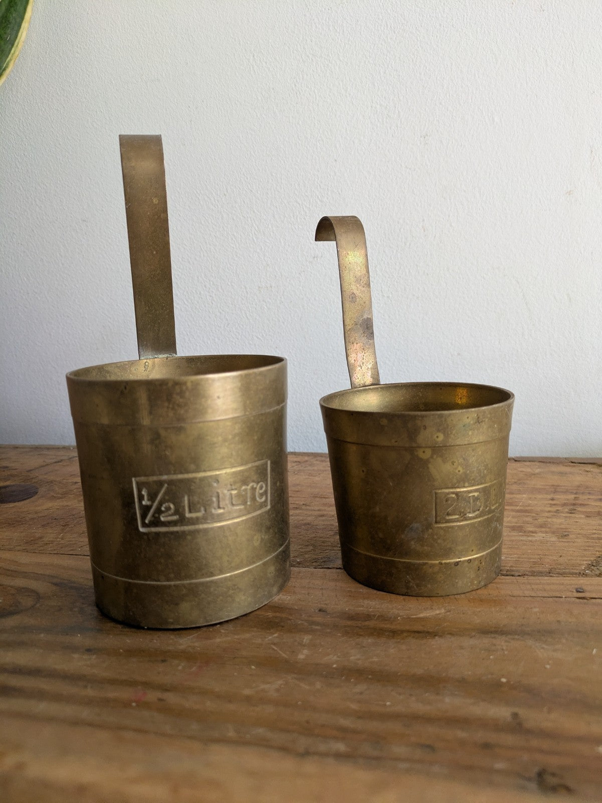 Set 2 Measuring Cups. Brass. Hanging Hooks. Vintage Planters x2 Milk Pots Props