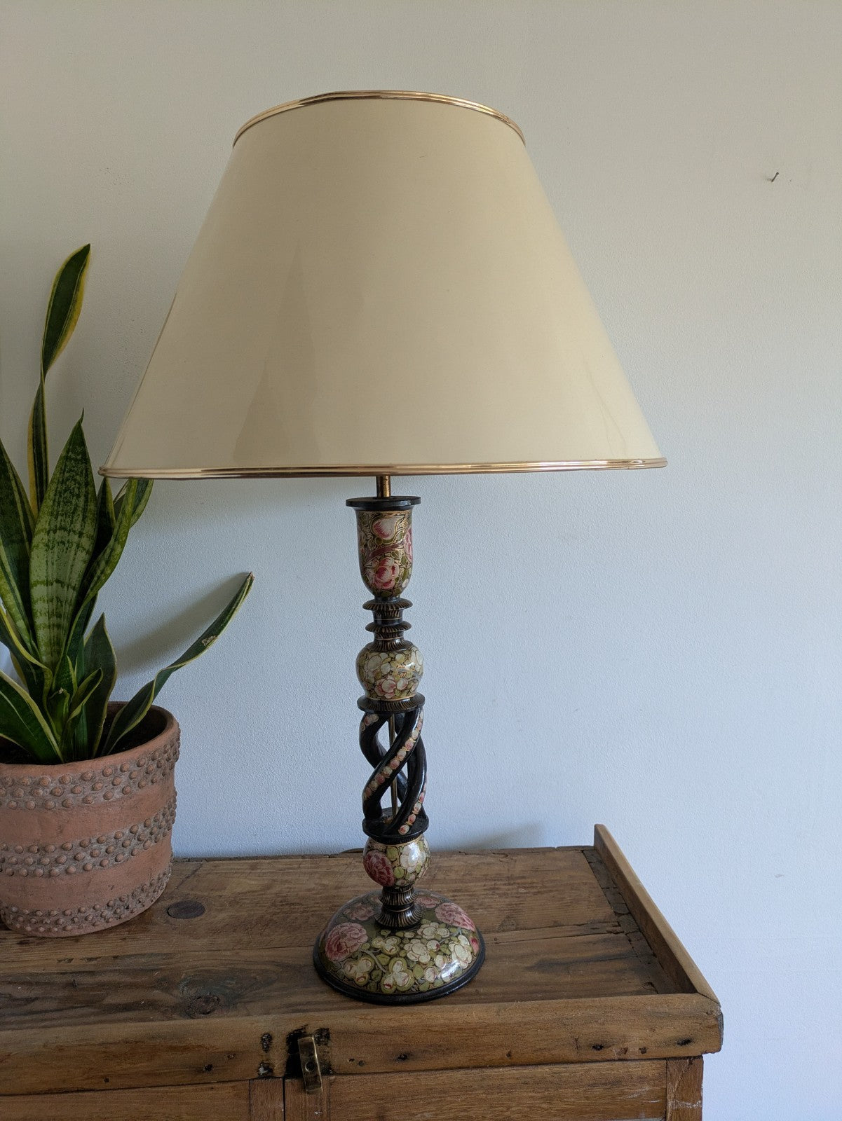 19th C Lamp Vintage Kashmiri Indian Lacquer Papier Mache Gilded Flower Cloisonne