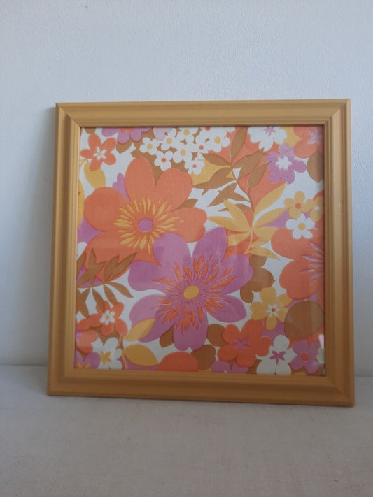 Retro picture Frame Wallpaper gift framed Yellow 60s 70s Vtg Floral Decor Wall!!