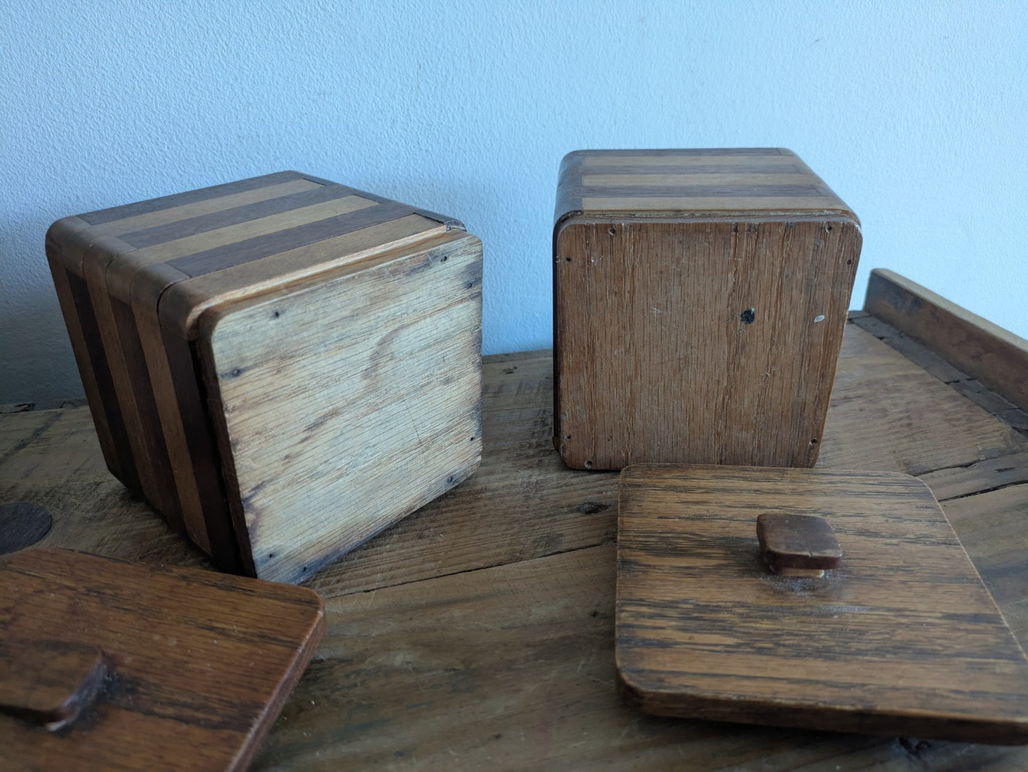 Pair Vtg Wood Two-tone Striped Kitchen Canister Caddy 1960's Mid Century Retro 