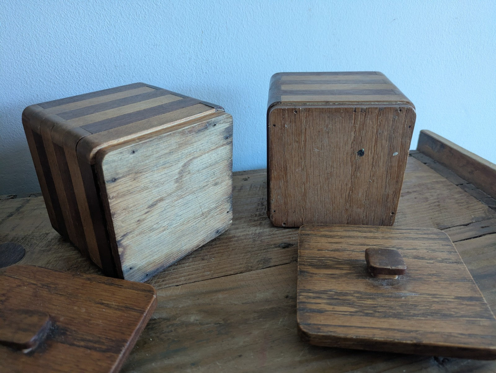 Pair Vtg Wood Two-tone Striped Kitchen Canister Caddy 1960's Mid Century Retro 