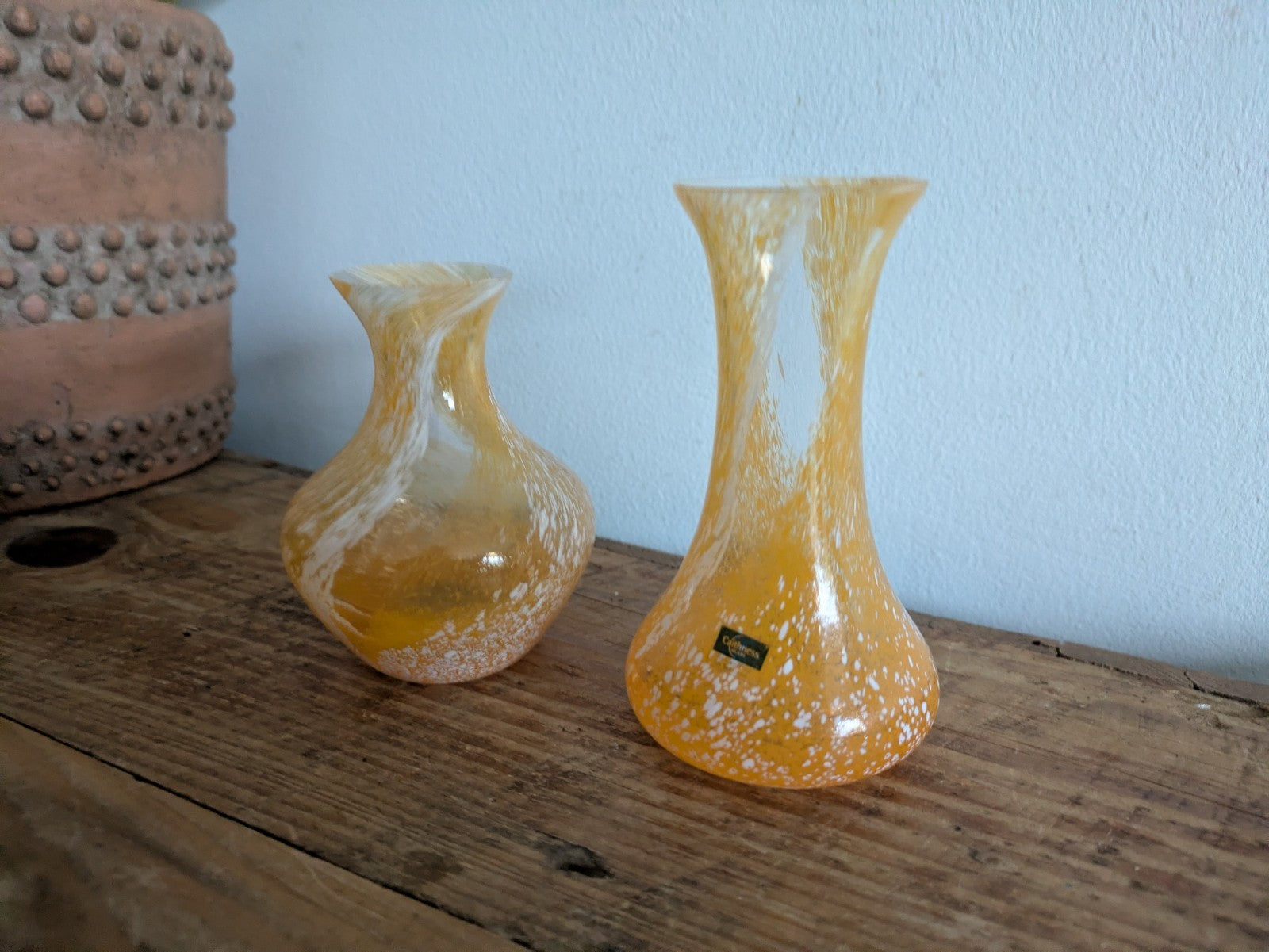 2x Handcrafted Yellow Orange Swirl Glass Vase Caithness Scotland Confetti Swirl
